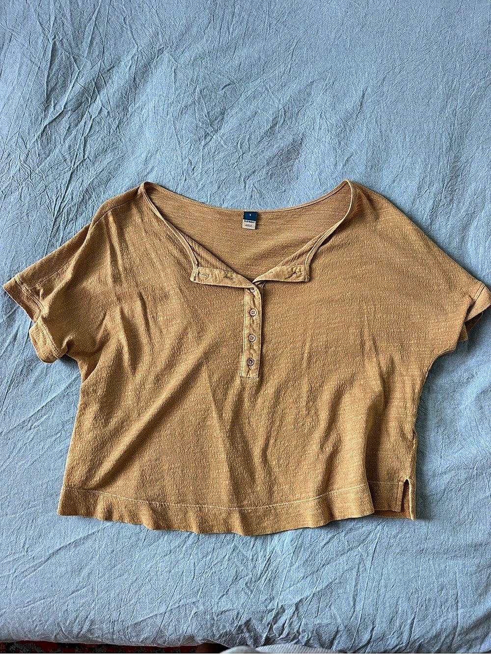 Old Navy Loose V-Neck Linen-Blend Henley T-Shirt Brown Small